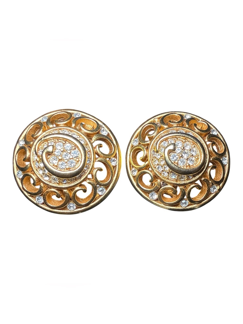 VTG Signed Oscar de la Renta Gold-Tone Pavé Crystal Swirl Logo Clip-On Earrings